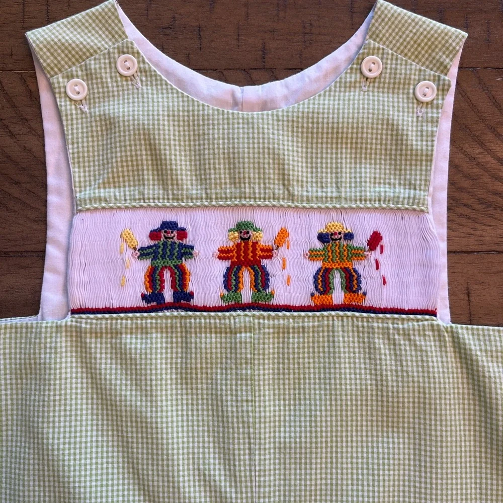 Thanksgiving Light Green Kids Smocked Overalls with Embroidery